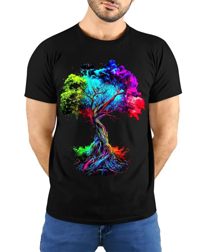 Bold Color Explosion Chakra Tree Of Life Yoga Zen T-Shirt Unique Graphic Tee for Artists and Dreamers - model wearing black shirt, hands behind back