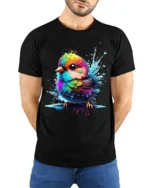 Cute Rainbow Bird Colorful Splash Art Tee for Animal and Nature Lovers - model wearing black shirt, hands behind back