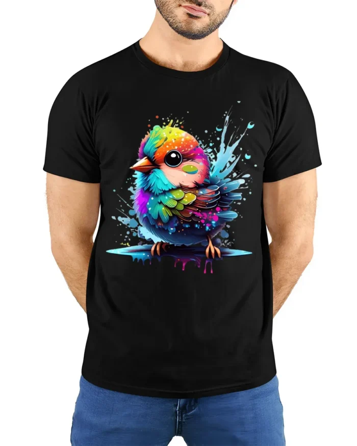 Cute Rainbow Bird Colorful Splash Art Tee for Animal and Nature Lovers - model wearing black shirt, hands behind back