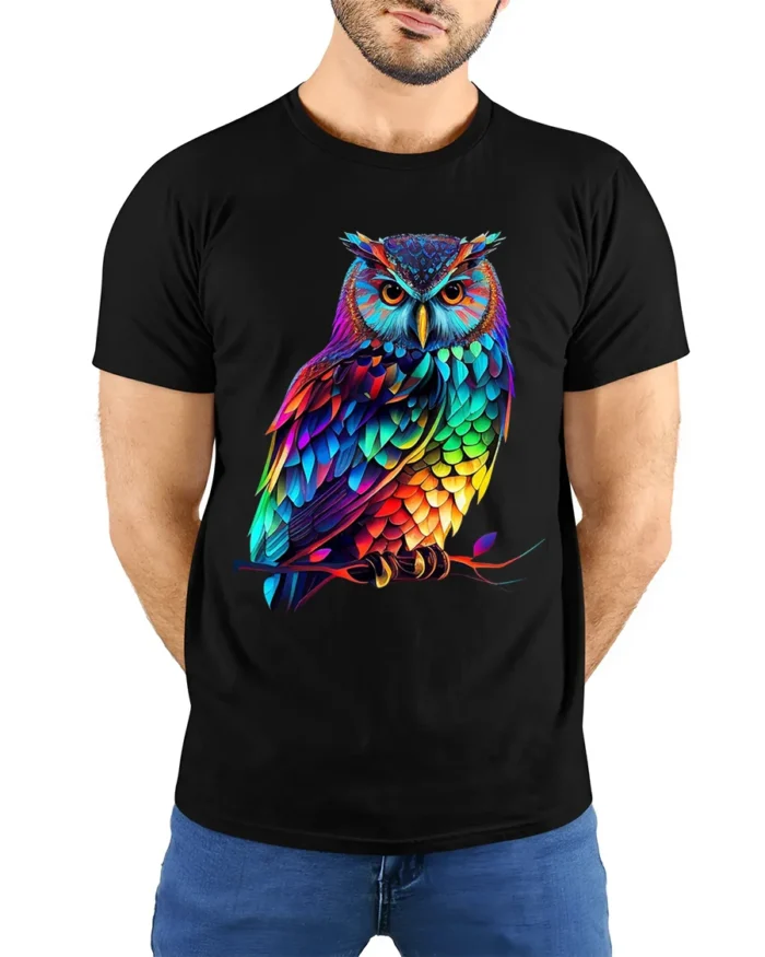 Rainbow Owl T-Shirt Striking Colorful Bird Tee for Animal Art Enthusiasts - model wearing black shirt, hands behind back