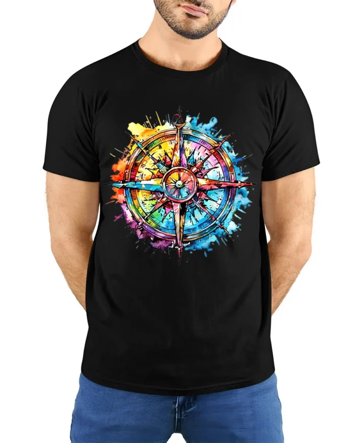 Explore More T-Shirt Bold Compass Graphic Tee for Travelers and Dreamers - model wearing black shirt, hands behind back