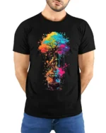 Rainbow Bonsai in a Glass T-Shirt Artistic Nature Tee for Creative Souls - model wearing black shirt, hands behind back