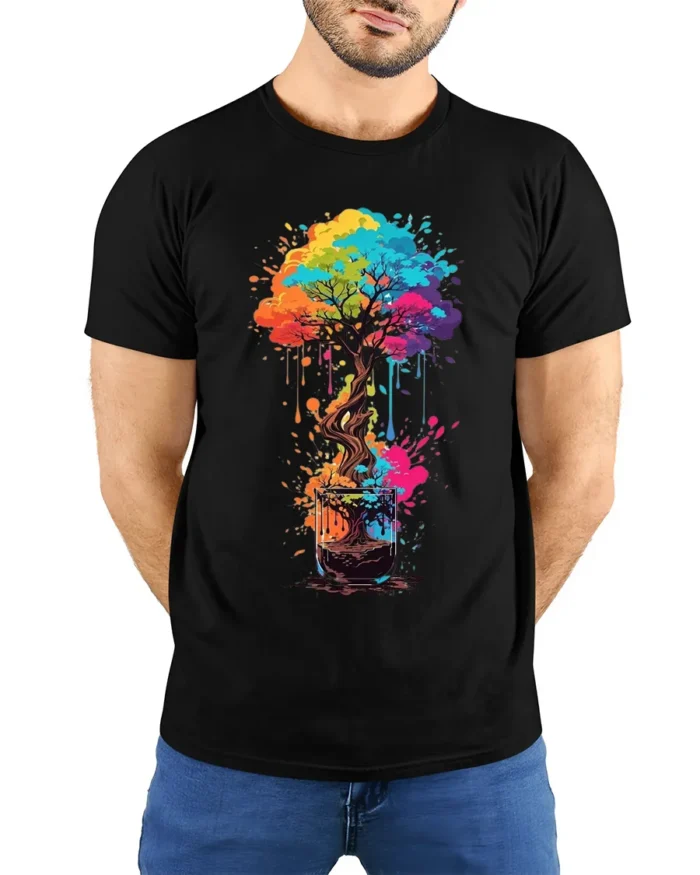 Rainbow Bonsai in a Glass T-Shirt  Artistic Nature Tee for Creative Souls - model wearing black shirt, hands behind back