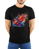Paris Fireworks Art T-Shirt Colorful Eiffel Tower Tee for Travel and Art Lover - model wearing black shirt, hands behind back