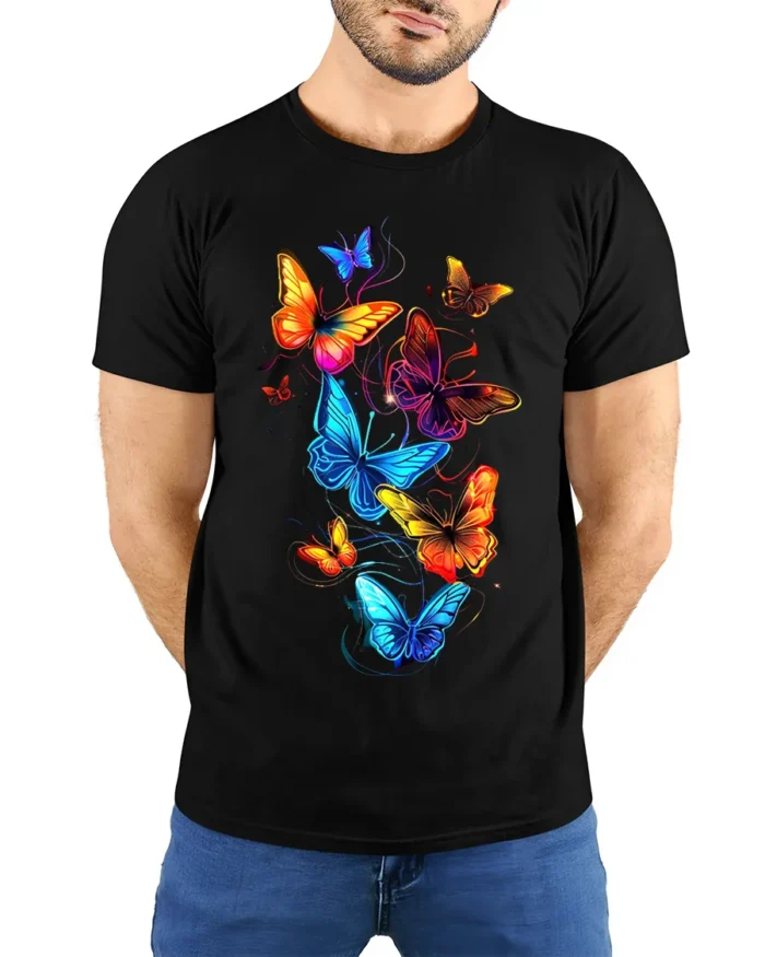 Vivid Rainbow Butterfly T-Shirt Colorful Glow Insect Tee for Nature Lovers - model wearing black shirt, hands behind back