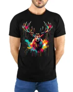 Neon Paint Stag T-Shirt Vibrant Deer Antler Art Printed Tee - model wearing black shirt, hands behind back
