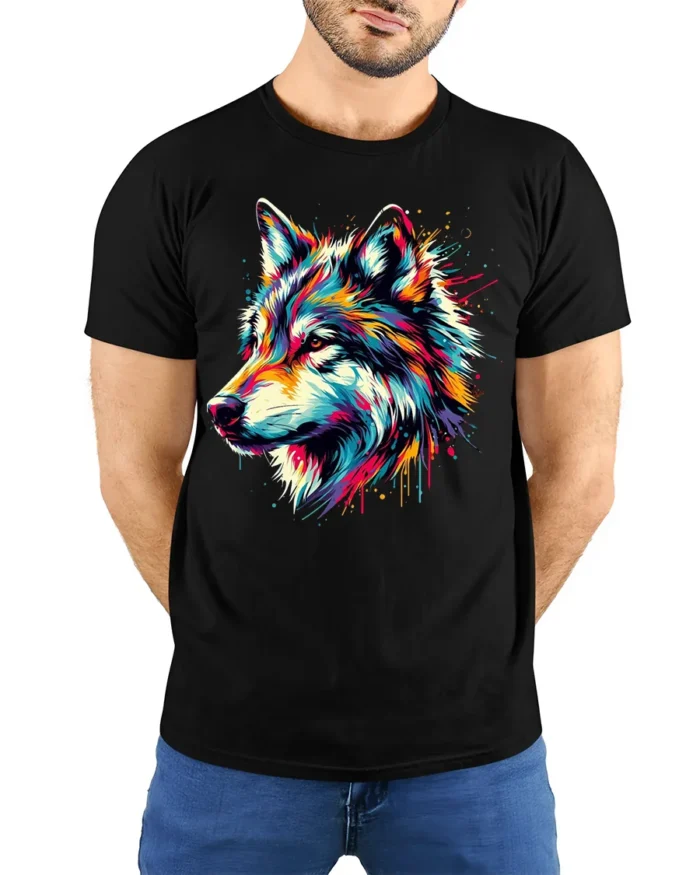 Rainbow Wolf Face T-Shirt Vibrant Graphic Tee with Artistic Detail - model wearing black shirt, hands behind back