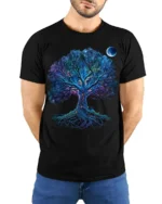 Mystical Chakra Tree of Life Yoga Zen T-Shirt Night Sky Fantasy Art Tee - model wearing black shirt, hands behind back