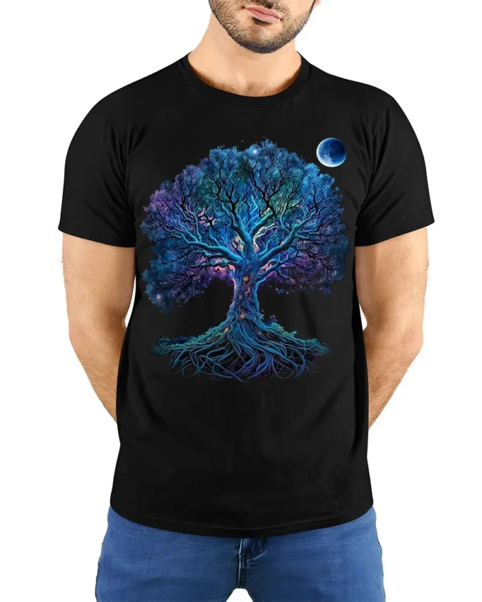 Mystical Chakra Tree of Life Yoga Zen T-Shirt  Night Sky Fantasy Art Tee - model wearing black shirt, hands behind back