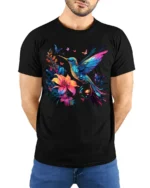 Nature Art Hummingbird T-Shirt Bright Floral Print Tee with Butterflies - model wearing black shirt, hands behind back
