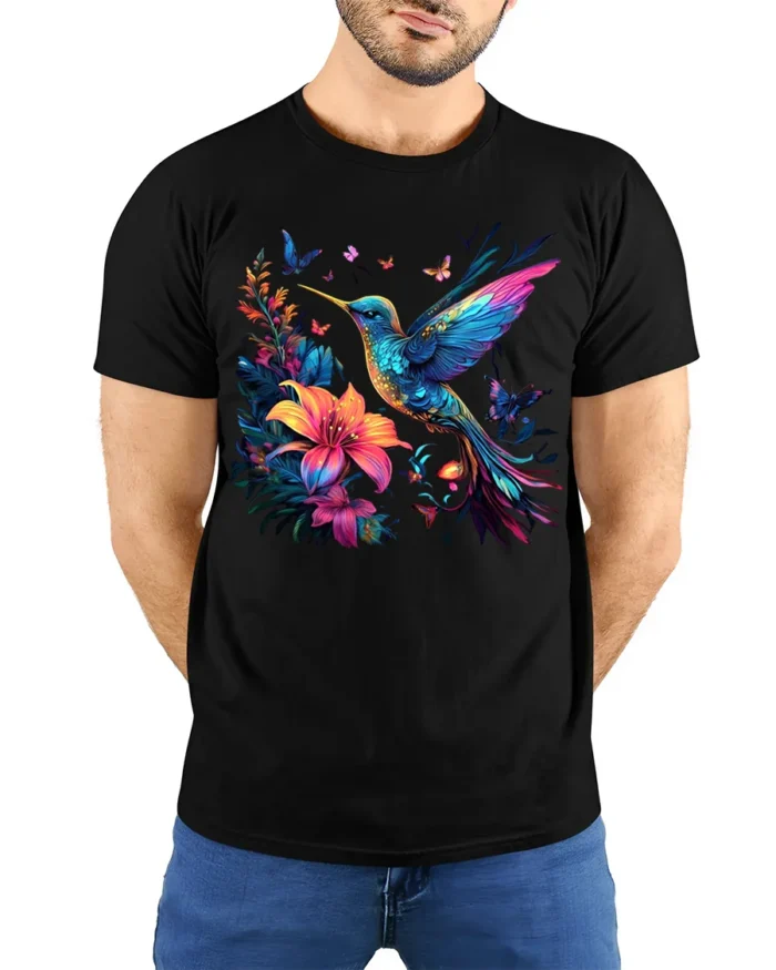 Nature Art Hummingbird T-Shirt Bright Floral Print Tee with Butterflies - model wearing black shirt, hands behind back