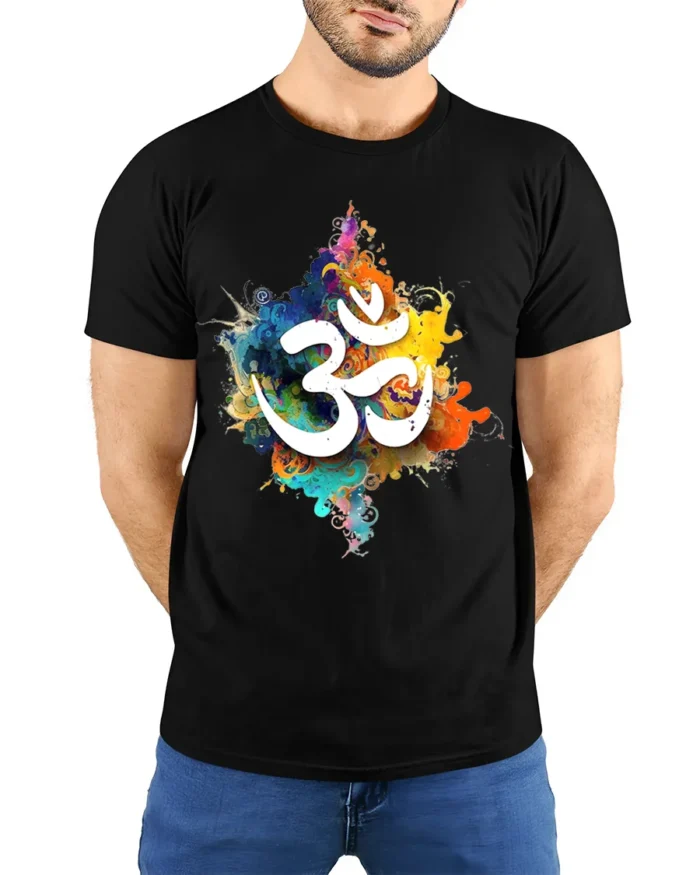 Spiritual Om Symbol T-Shirt Vibrant Color Splash Yoga Zen Tee for Mindfulness - model wearing black shirt, hands behind back