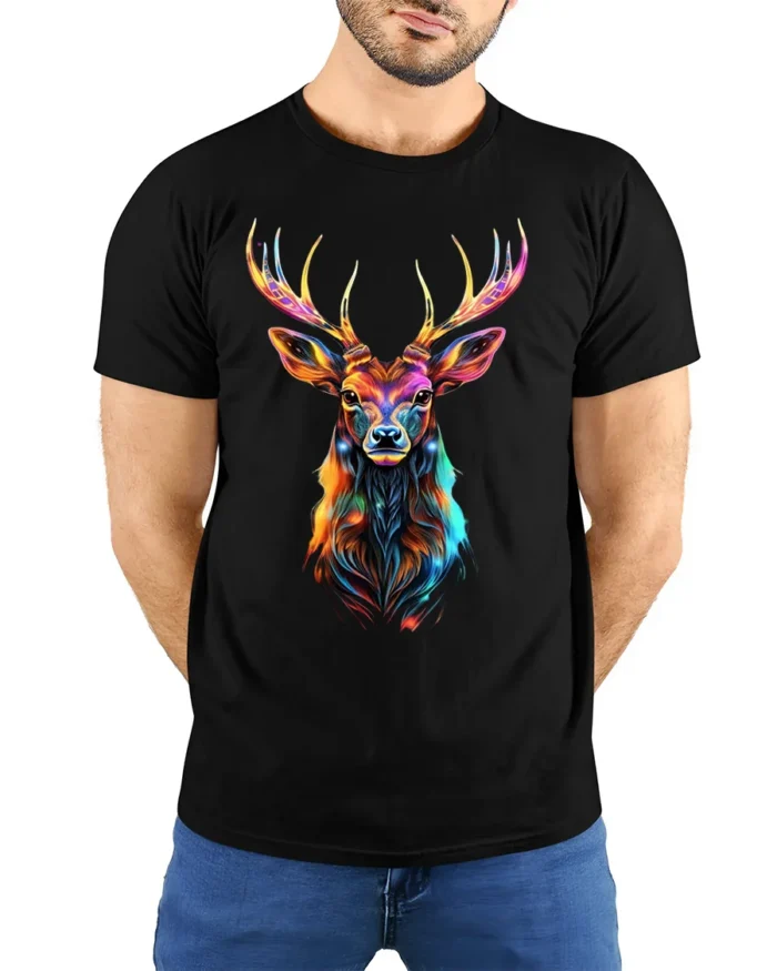 Vibrant Deer Antler T-Shirt Bold Animal Graphic Tee in Bright Rainbow Colors - model wearing black shirt, hands behind back