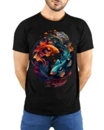 Colorful Yin Yang Fish T-Shirt  Artistic Koi Design Tee for Peace and Balance - model wearing black shirt, hands behind back