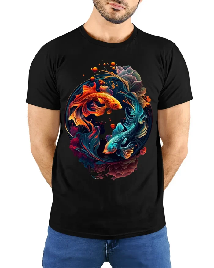 Colorful Yin Yang Fish T-Shirt  Artistic Koi Design Tee for Peace and Balance - model wearing black shirt, hands behind back