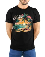 Chillin’ Beach Vibes T-Shirt Retro Palm Tree Sunset Tee for Summer Relaxation - model wearing black shirt, hands behind back