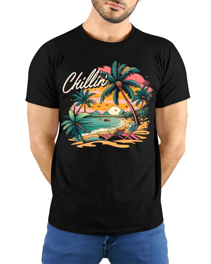 Chillin’ Beach Vibes T-Shirt Retro Palm Tree Sunset Tee for Summer Relaxation - model wearing black shirt, hands behind back