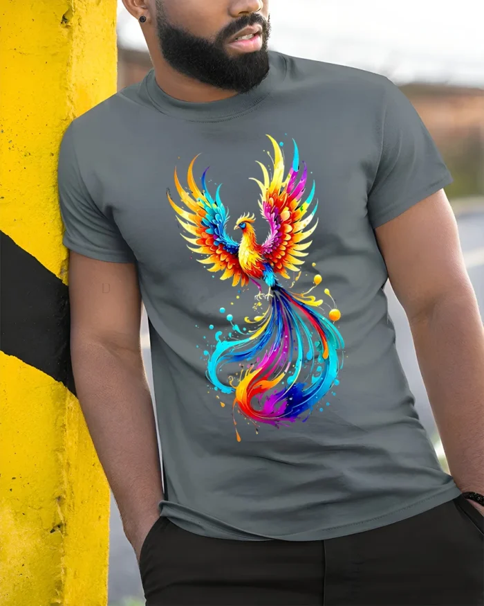 Colorful Phoenix Flame T-Shirt for Men Artistic Firebird Graphic Tee USA - model in grey shirt leaning against column