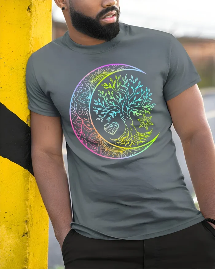 Boho Rainbow Chakra Tree of Life Yoga Zen T-Shirt Celestial Mandala Moon Tee for Free Spirits - model in grey shirt leaning against column