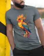 Vibrant Tropical Bird T-Shirt Colorful Artistic Parrot Tee for Nature Lovers - model in grey shirt leaning against column