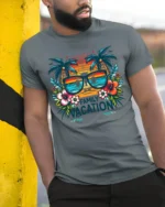 Tropical Family Vacation T-Shirt  Matching Summer Beach Trip Tee for Groups - model in grey shirt leaning against column