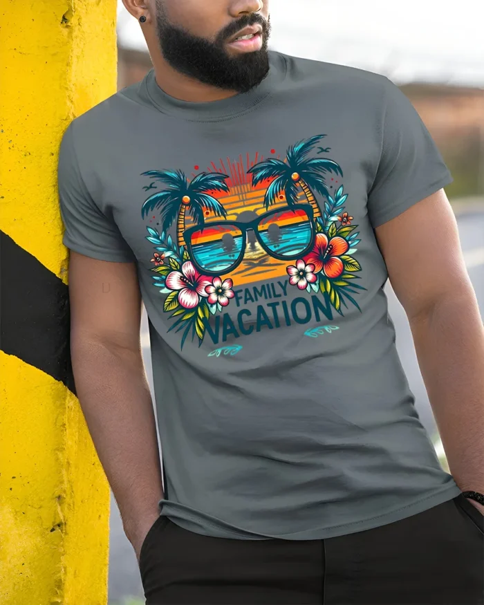 Tropical Family Vacation T-Shirt  Matching Summer Beach Trip Tee for Groups - model in grey shirt leaning against column