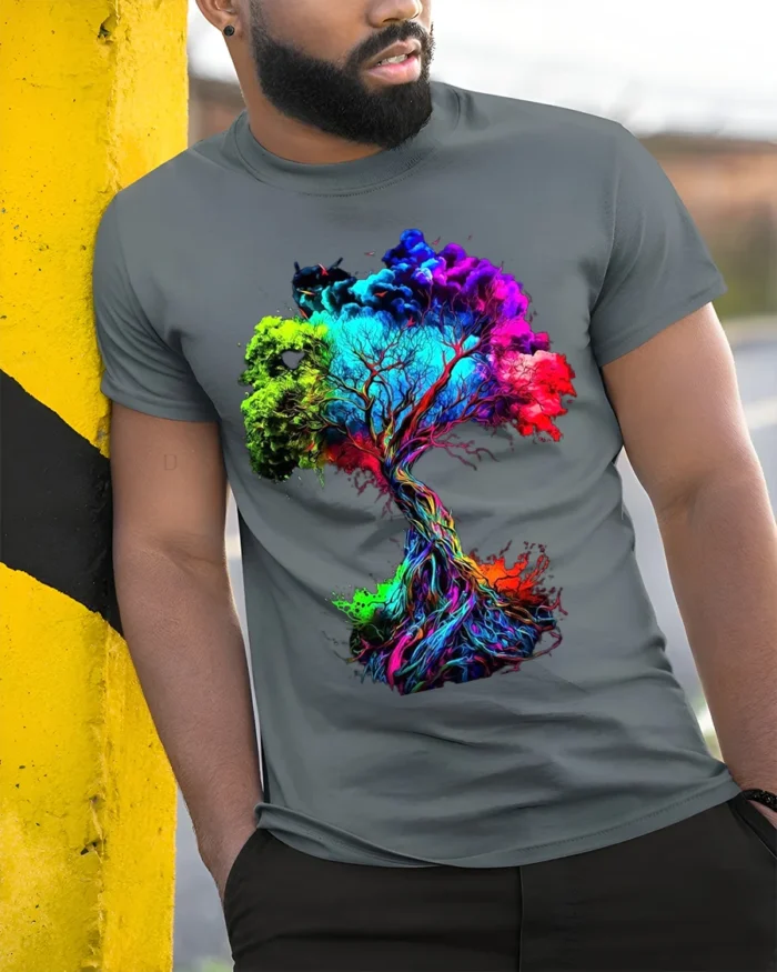Bold Color Explosion Chakra Tree Of Life Yoga Zen T-Shirt Unique Graphic Tee for Artists and Dreamers - model in grey shirt leaning against column