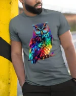 Rainbow Owl T-Shirt Striking Colorful Bird Tee for Animal Art Enthusiasts - model in grey shirt leaning against column