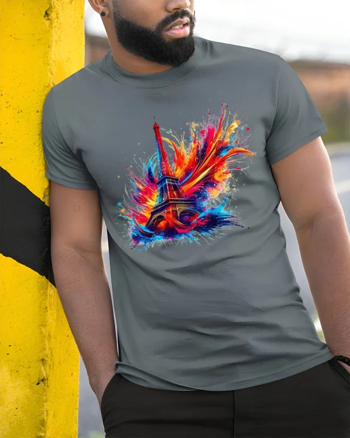Paris Fireworks Art T-Shirt Colorful Eiffel Tower Tee for Travel and Art Lover - model in grey shirt leaning against column