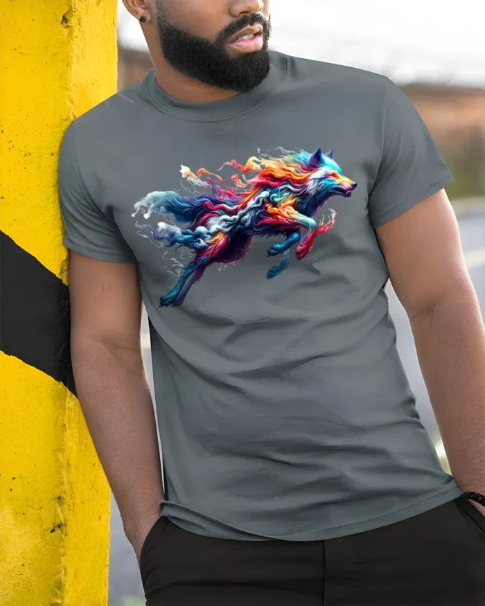 Colorful Wolf T-Shirt for Men Rainbow Spirit Animal Graphic Tee USA Style - model in grey shirt leaning against column