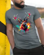 Neon Paint Stag T-Shirt Vibrant Deer Antler Art Printed Tee - model in grey shirt leaning against column
