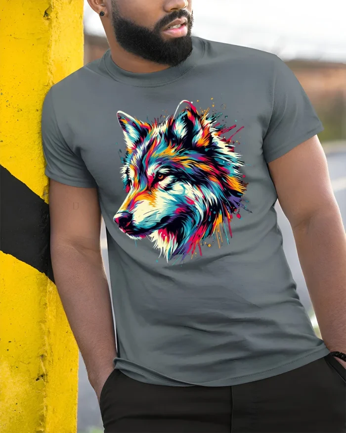 Rainbow Wolf Face T-Shirt Vibrant Graphic Tee with Artistic Detail - model in grey shirt leaning against column