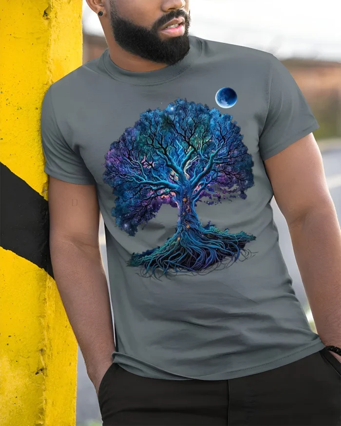 Mystical Chakra Tree of Life Yoga Zen T-Shirt  Night Sky Fantasy Art Tee - model in grey shirt leaning against column