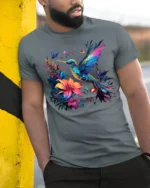 Nature Art Hummingbird T-Shirt Bright Floral Print Tee with Butterflies - model in grey shirt leaning against column