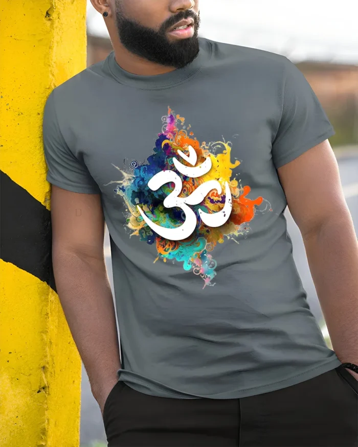 Spiritual Om Symbol T-Shirt Vibrant Color Splash Yoga Zen Tee for Mindfulness - model in grey shirt leaning against column
