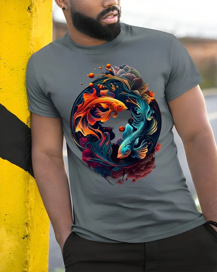 Colorful Yin Yang Fish T-Shirt  Artistic Koi Design Tee for Peace and Balance - model in grey shirt leaning against column