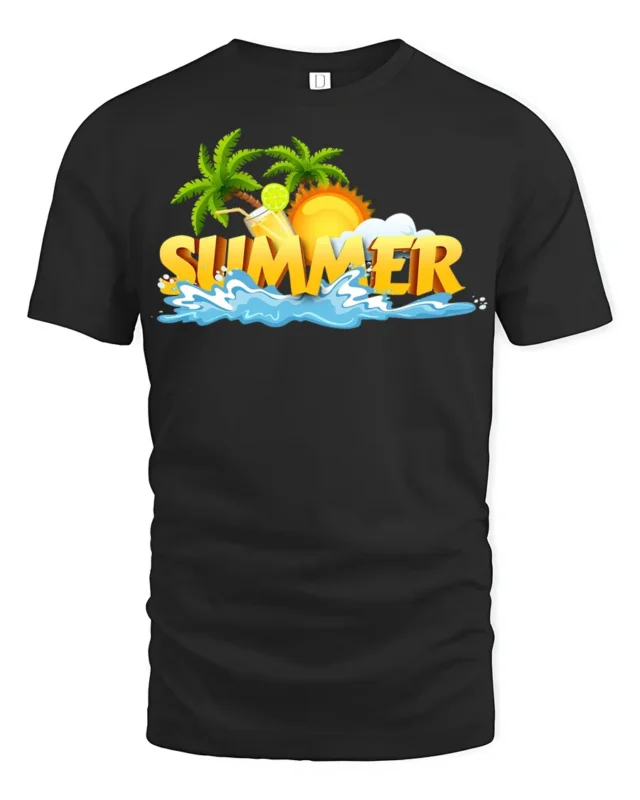 Cool Summer Beach Scene T-Shirt Vacation Vibes Tee with Palm Trees and Sun - black t-shirt on white background