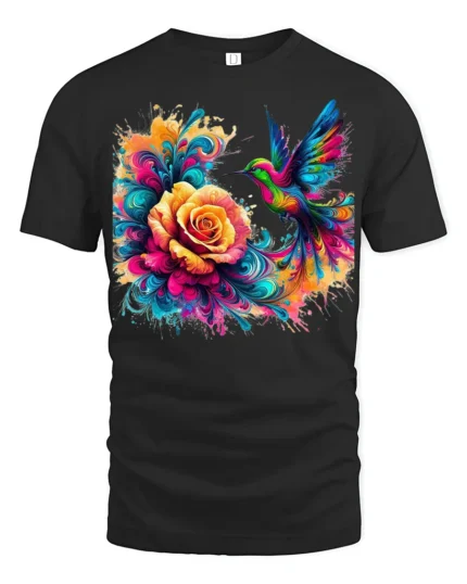 Vibrant Hummingbird T-Shirt Bright Floral Bird Tee with Artistic Design - black t-shirt on white background