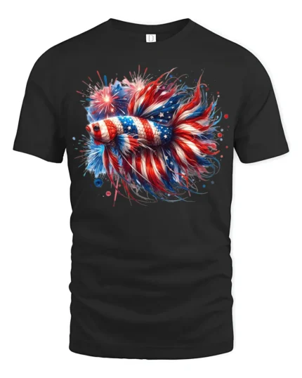 American Flag Betta Fish T-Shirt Patriotic Firework Tee for 4th of July Vibes - black t-shirt on white background