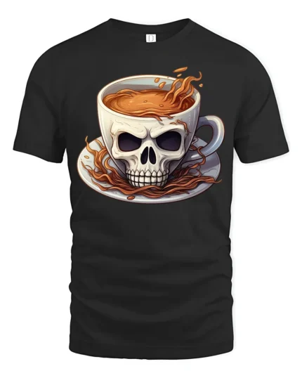 Skull Coffee Cup T-Shirt  Funny Gothic Caffeine Addict Tee for Coffee Lovers - black t-shirt on white background