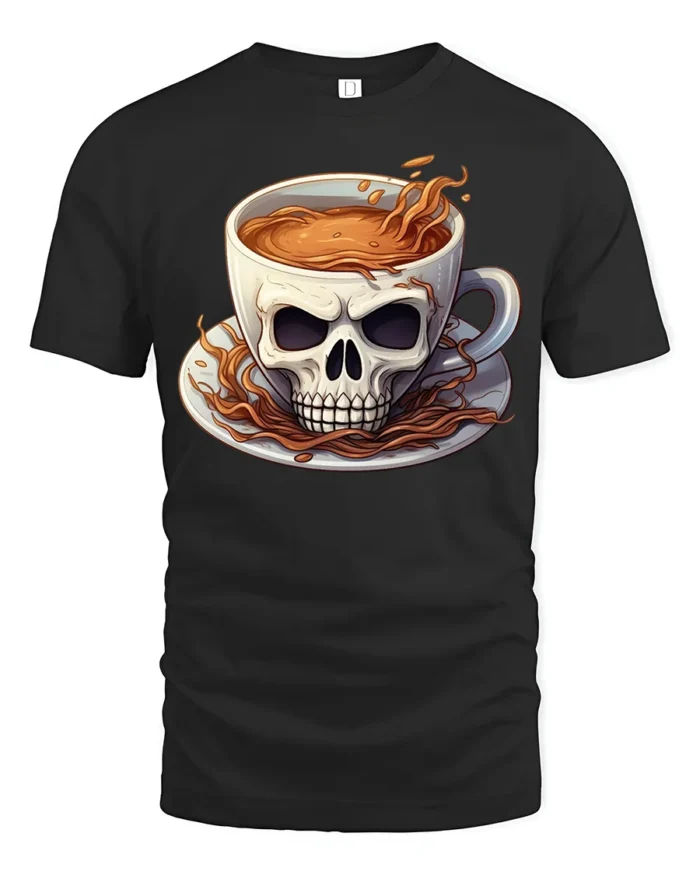 Skull Coffee Cup T-Shirt  Funny Gothic Caffeine Addict Tee for Coffee Lovers - black t-shirt on white background