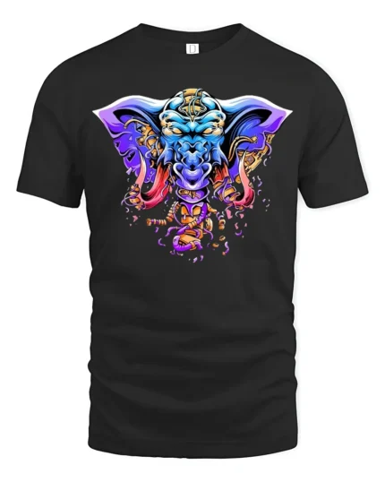 Tribal Elephant Warrior T-Shirt  Bold Psychedelic Graphic Fantasy Animal Tee - black t-shirt on white background