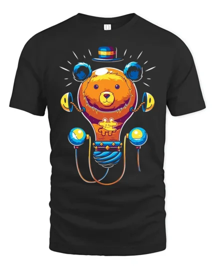 Colorful Cartoon Bear T-Shirt  Fun Whimsical Graphic Tee for Animal Lovers - black t-shirt on white background