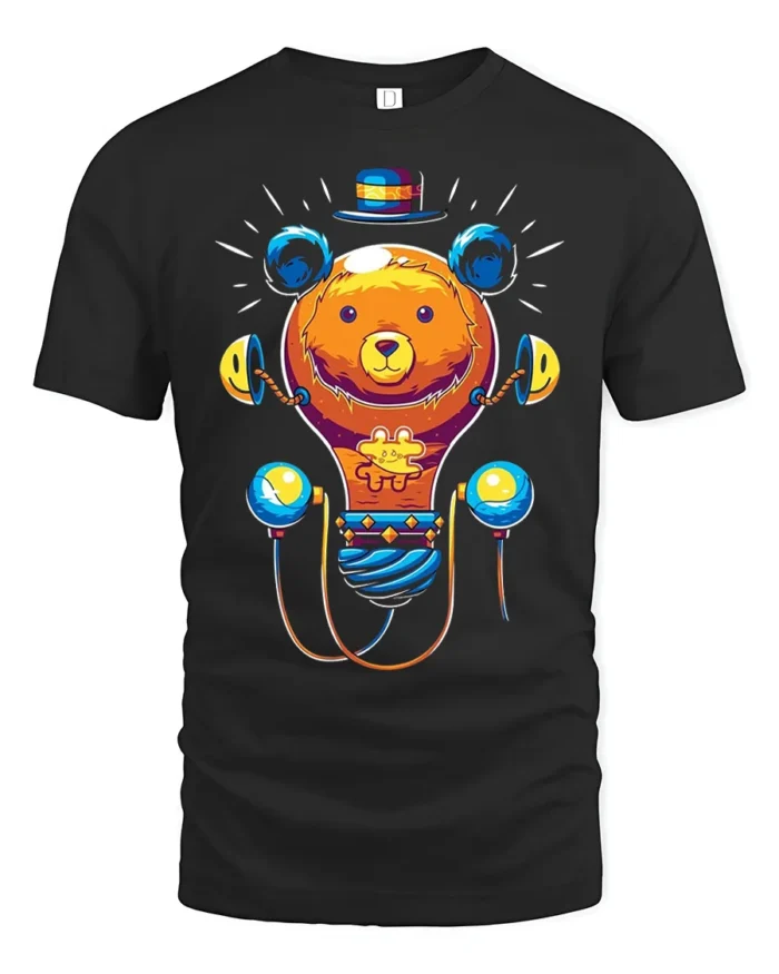 Colorful Cartoon Bear T-Shirt  Fun Whimsical Graphic Tee for Animal Lovers - black t-shirt on white background