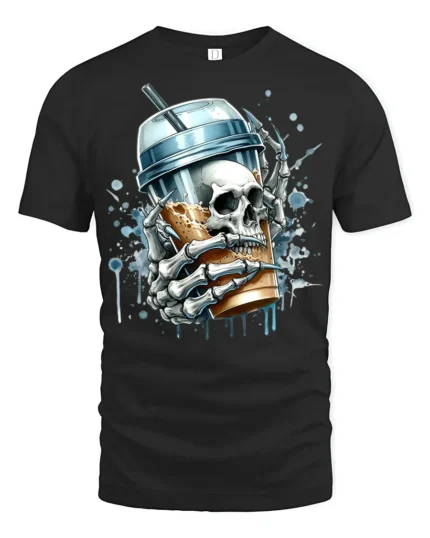 Skeleton Iced Coffee T-Shirt Bold Gothic Style Tee for Caffeine and Skull Lovers - black t-shirt on white background
