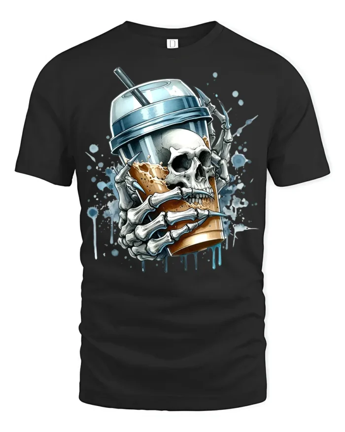 Skeleton Iced Coffee T-Shirt Bold Gothic Style Tee for Caffeine and Skull Lovers - black t-shirt on white background