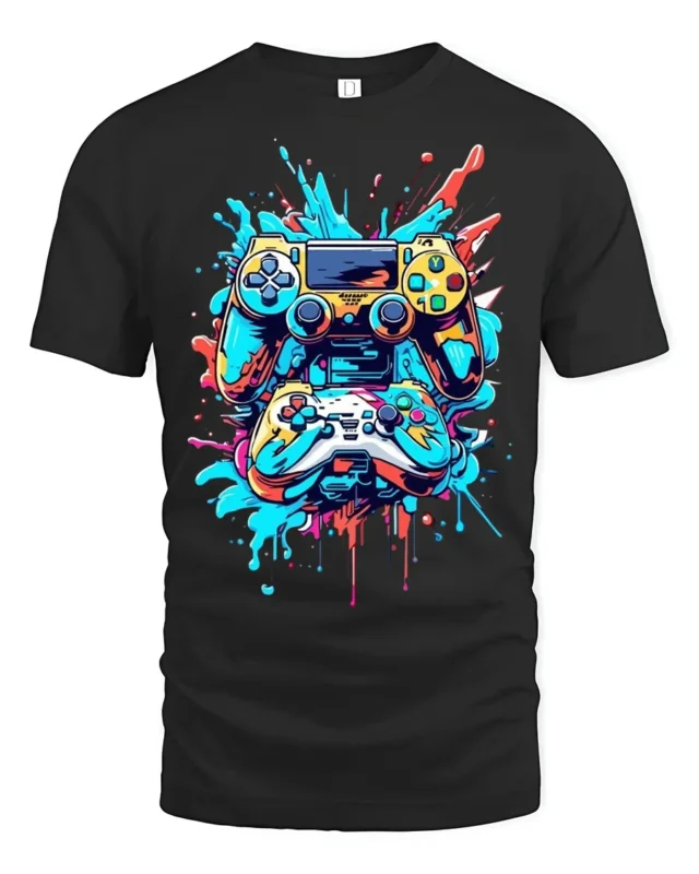 Colorful Gaming Controller T-Shirt Cool Gamer Graphic Tee for Console Fans - black t-shirt on white background
