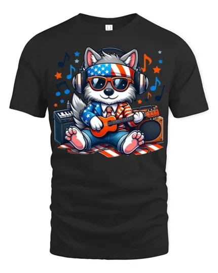 Patriotic Dog Music T-Shirt Cool USA Pup Playing Guitar with Headphones Tee - black t-shirt on white background