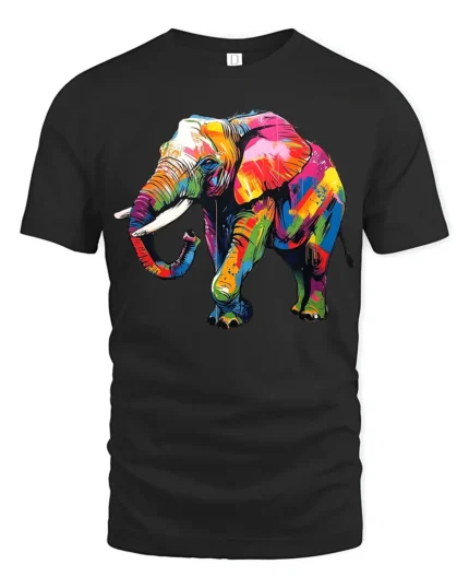 Psychedelic Elephant T-Shirt Bright Safari Graphic Tee for Elephant Lovers - black t-shirt on white background