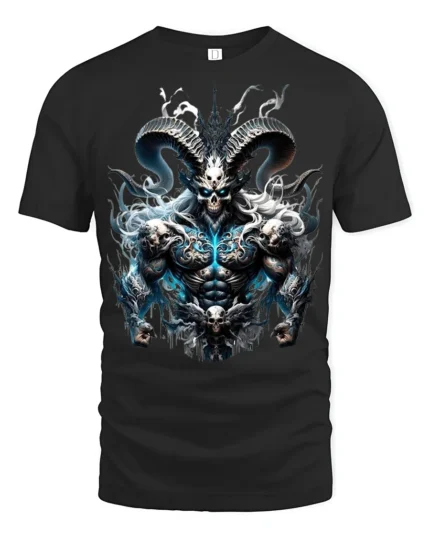 Epic Demon Lord T-Shirt Badass Skull Warrior Tee with Horns and Flames - black t-shirt on white background